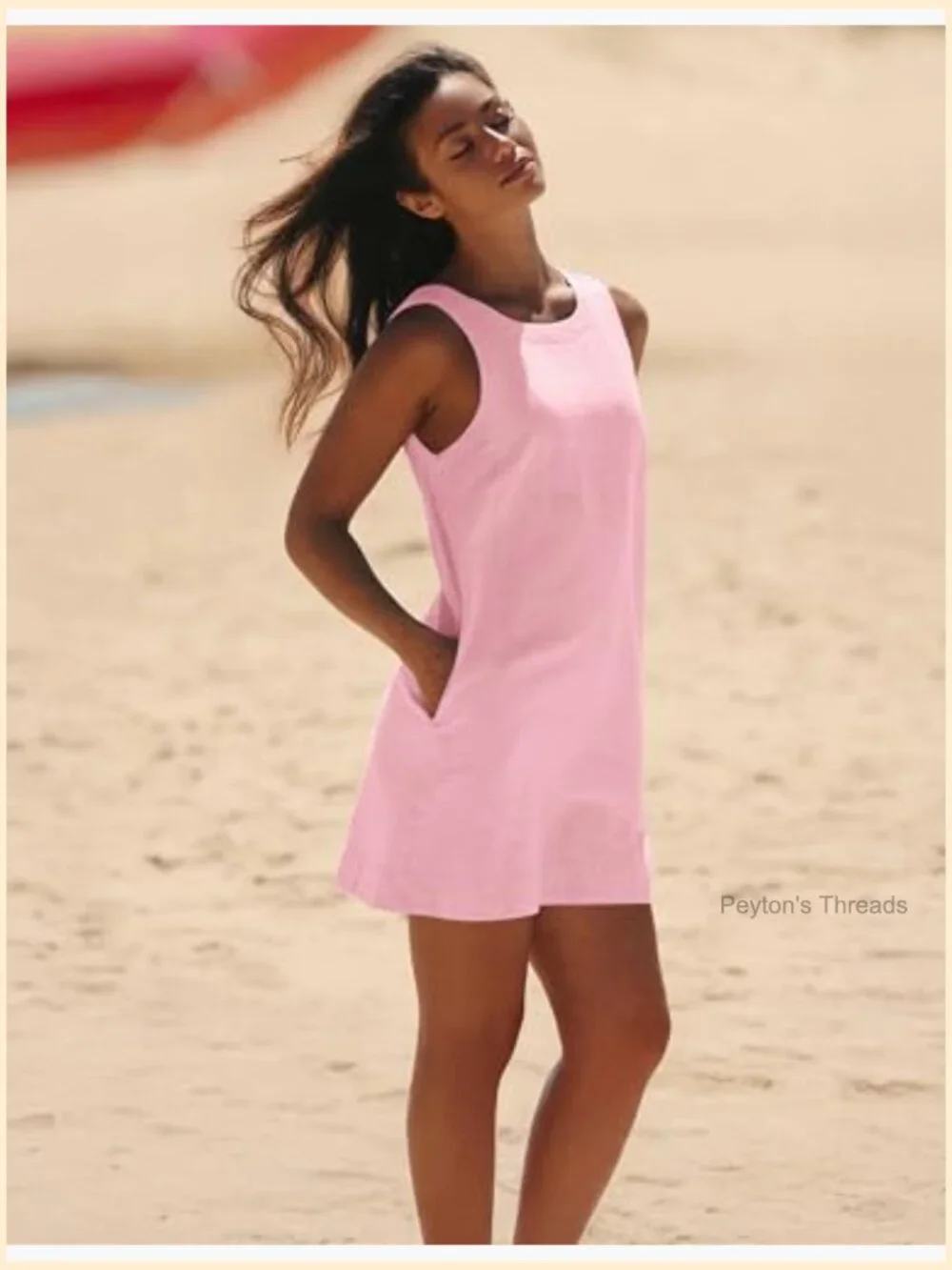 Linen Blend Mini Dress Boat Neck Low Back Sleeveless Tank with Pockets - Picture 5 of 7